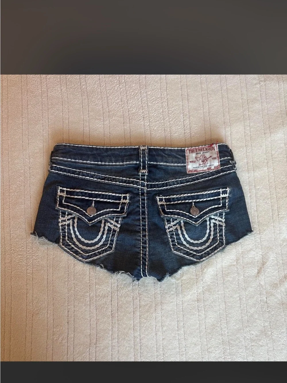 True Religion Indigo Denim Cutoff Shorts with Contrast Stitching